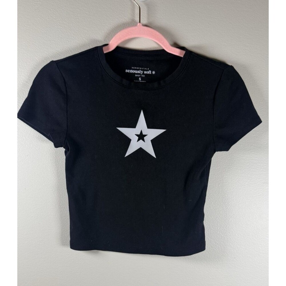 Aéropostale Womens Seriously Soft Black/White Star Graphic Cropped Tee - S